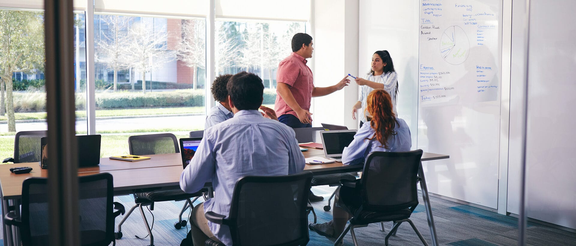 students working together in a classroom in front of a whiteboad