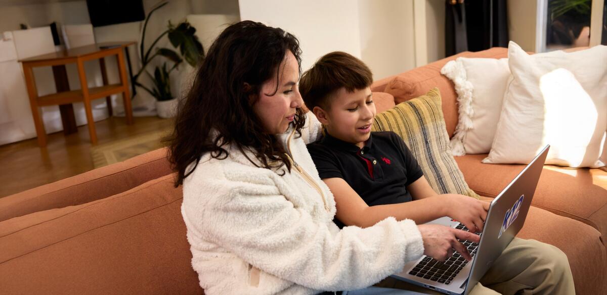 mom and son looking the computer